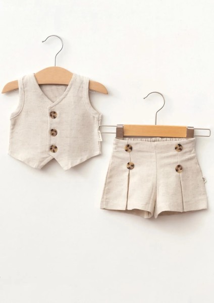 Keten Yelek Şort Şık Kız Bebek Takım