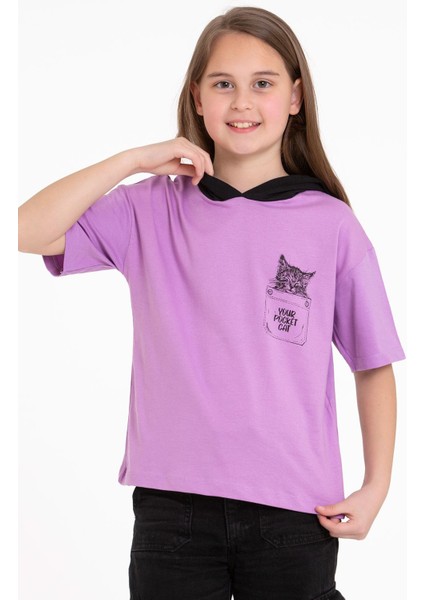 Kapüşonlu Kısa Kol Baskılı Lila Renk Kız Çocuk Tshirt