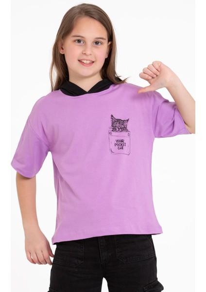 Kapüşonlu Kısa Kol Baskılı Lila Renk Kız Çocuk Tshirt modelleri