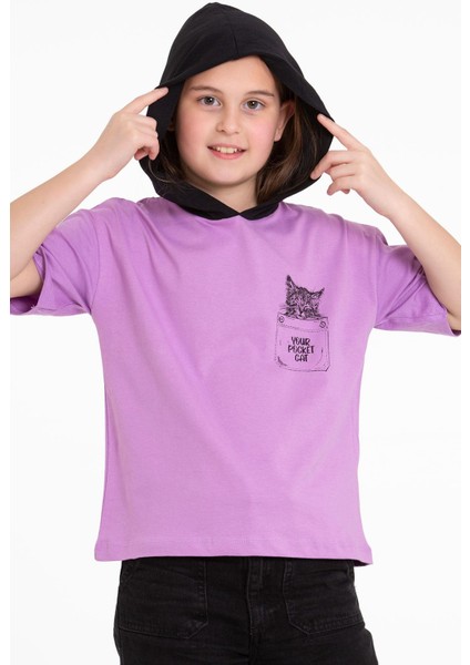 Kapüşonlu Kısa Kol Baskılı Lila Renk Kız Çocuk Tshirt indirimleri