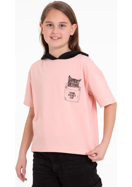 Kapüşonlu Kısa Kol Baskılı Somon Renk Kız Çocuk Tshirt