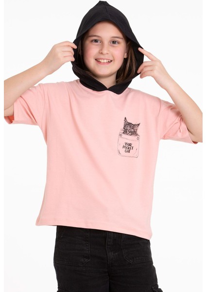 Kapüşonlu Kısa Kol Baskılı Somon Renk Kız Çocuk Tshirt fiyatları