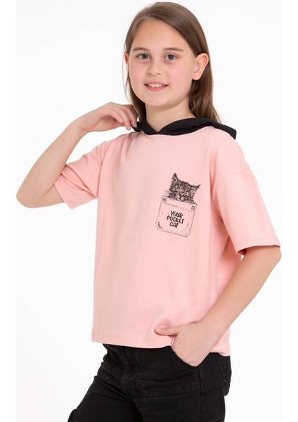 Kapüşonlu Kısa Kol Baskılı Somon Renk Kız Çocuk Tshirt fırsatları