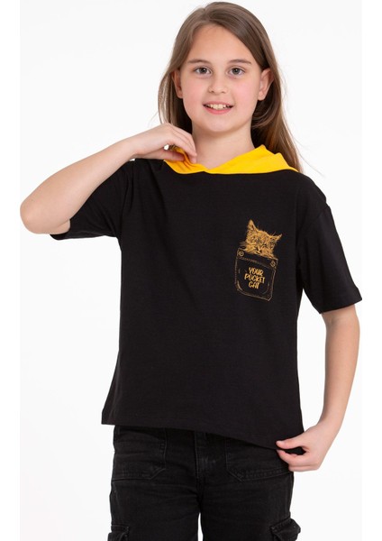 Kapüşonlu Kısa Kol Baskılı Siyah Renk Kız Çocuk Tshirt