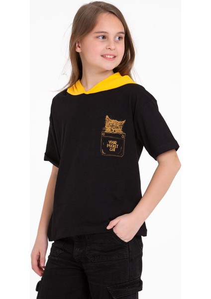 Kapüşonlu Kısa Kol Baskılı Siyah Renk Kız Çocuk Tshirt fiyatları