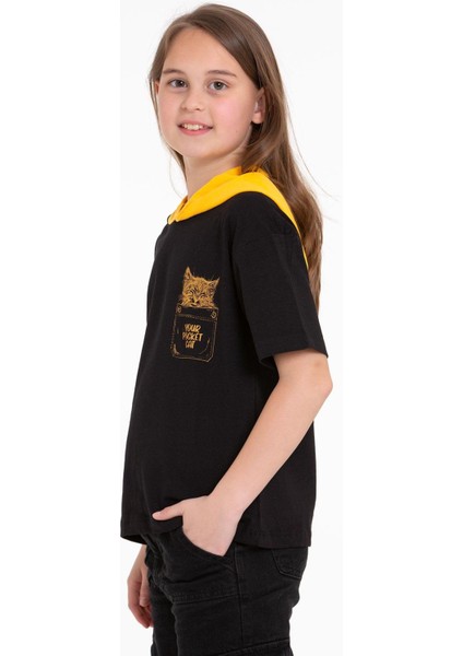 Kapüşonlu Kısa Kol Baskılı Siyah Renk Kız Çocuk Tshirt modelleri