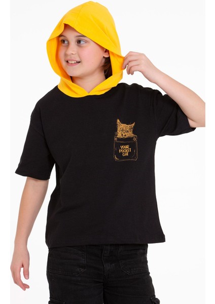 Kapüşonlu Kısa Kol Baskılı Siyah Renk Kız Çocuk Tshirt fırsatları