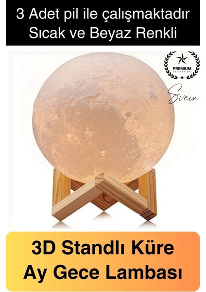Dolunay 3D Ay Işıklı Standlı Pilli Dekoratif Gece Lambası Hediyelik Küre LED 15 cm Loş Dekor