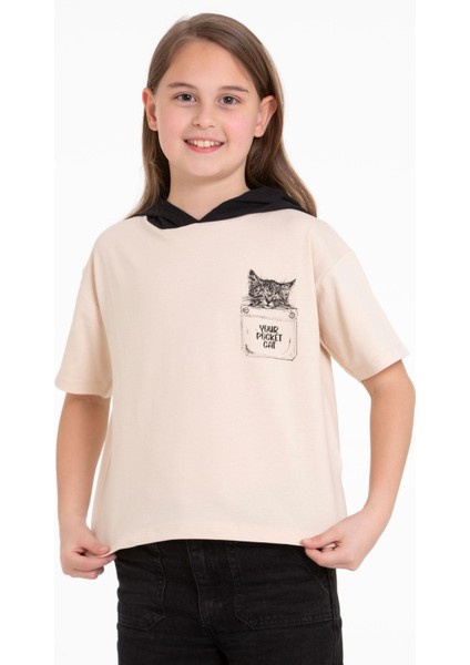 Kapüşonlu Kısa Kol Baskılı Vizon Renk Kız Çocuk Tshirt