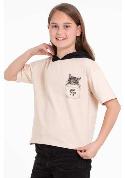Kapüşonlu Kısa Kol Baskılı Vizon Renk Kız Çocuk Tshirt modelleri