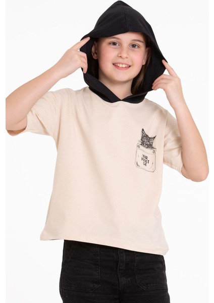 Kapüşonlu Kısa Kol Baskılı Vizon Renk Kız Çocuk Tshirt fırsatları