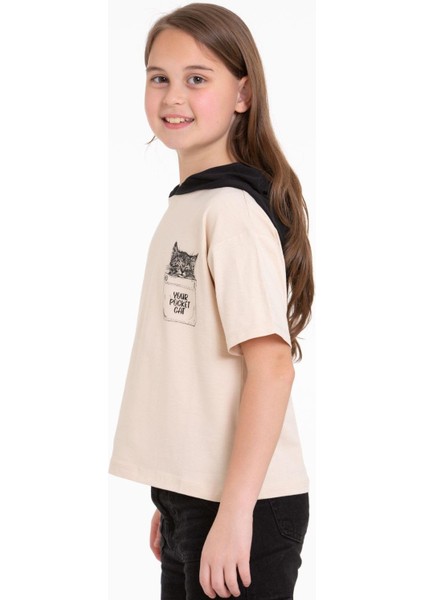 Kapüşonlu Kısa Kol Baskılı Vizon Renk Kız Çocuk Tshirt indirimleri