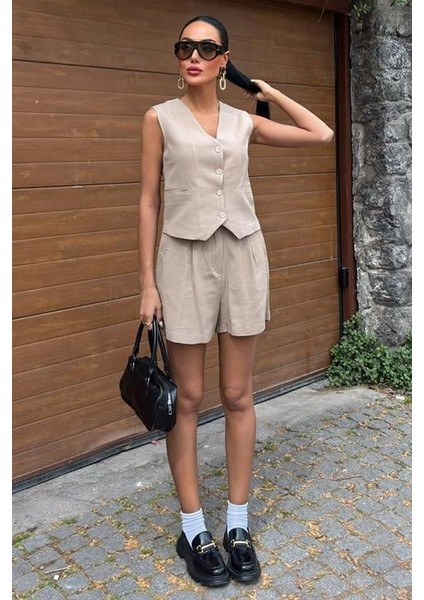 Yelek Şort Flamlı Keten Takım 10133-17 modelleri