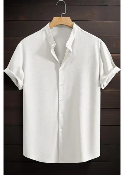 Laend Slim Fit Esnek Likralı Kısa Kol Hakim Yaka Erkek Gömlek