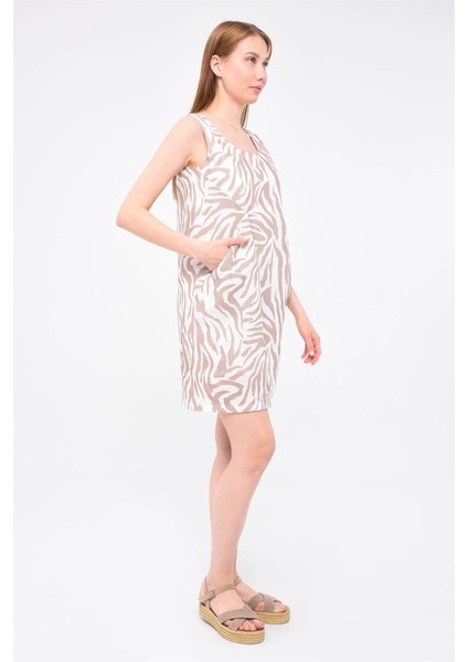 Kalın Askı Düz Zebra Desenli Elbise