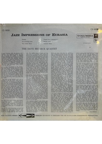 The Dave Brubeck Quartet ‎– Jazz Impressions Of Eurasia 1970 Baskı Lp