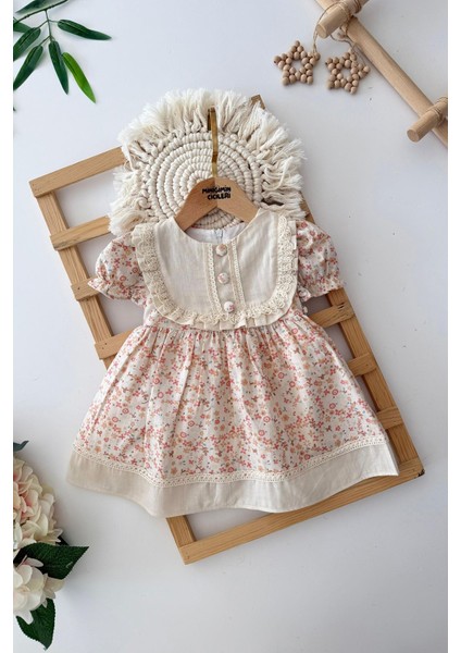 Çiçek Desenli Vintage Fistolu Keten Kız bebe elbise - Krem