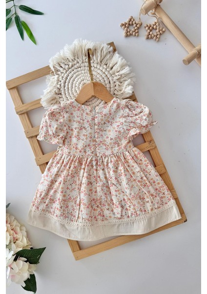 Çiçek Desenli Vintage Fistolu Keten Kız bebe elbise - Krem