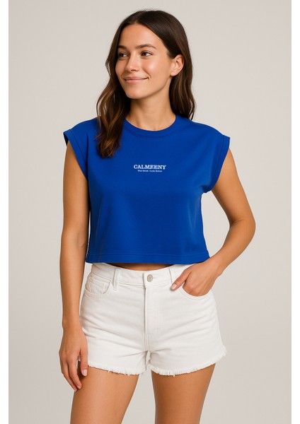 Kadın Oversize Kolsuz Biyeli Crop Tişört – %100 PAMUK