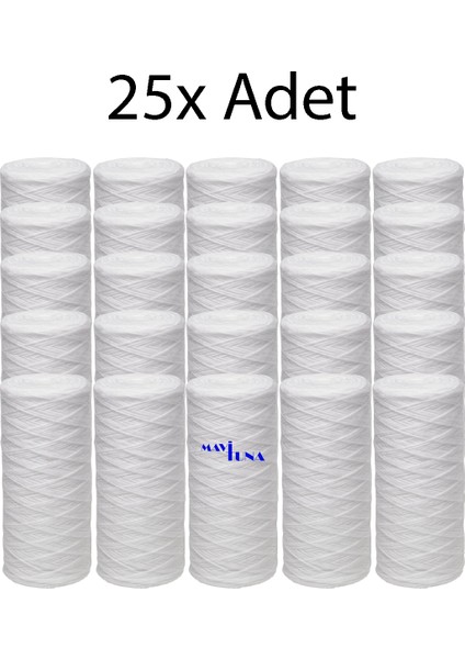 25 Adet 5" Inç 20 Mikron Tortu Polipropilen Ip Sargılı Iplik Su Arıtma Filtre Kartuşu