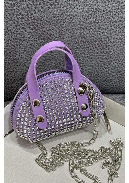 Lila(Açık) Süet Kumaş, Tek Bölmeli, Zincir Askılı,fermuarlı, Taşlı, Mini El ve Omuz Çantası 10 cm modelleri