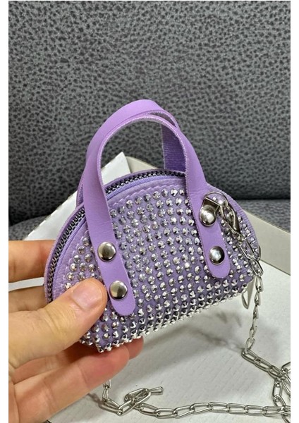Lila(Açık) Süet Kumaş, Tek Bölmeli, Zincir Askılı,fermuarlı, Taşlı, Mini El ve Omuz Çantası 10 cm fırsatları