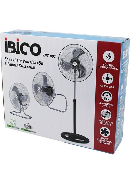45CM Sanayi Vantilatör 3in1=duvara Monte- Masa Üstü- Ayaklı 3 Kademe Hız - 3 Metal Kanat 75W VNT-001