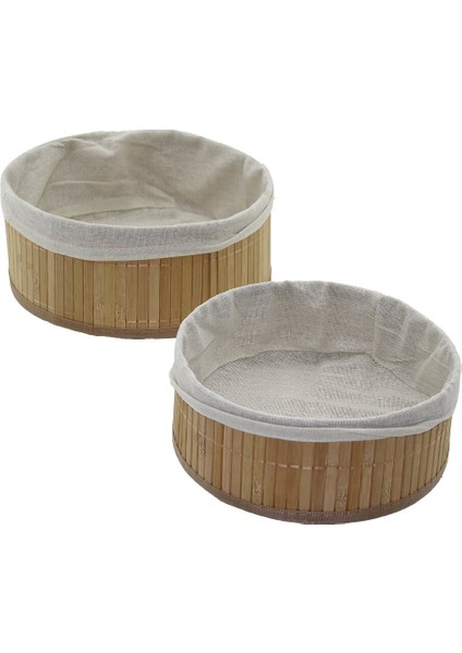 2li Yuvarlak Bambu Kenar Organizer Sepet Ahşap Altlık - Bezli Ç:24.5 cm Y:10 cm - Ç:20 cm Y:8 cm