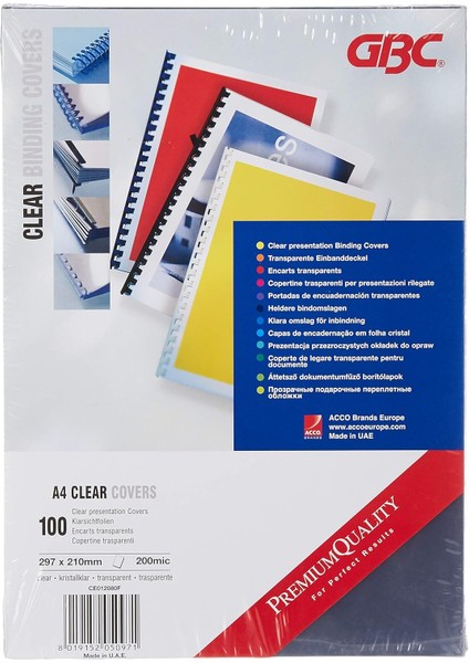 Hiclear Cilt Kapakları, A4, 200 Mikron, Pvc, Parlak, 100'LÜ Paket, CE012080F