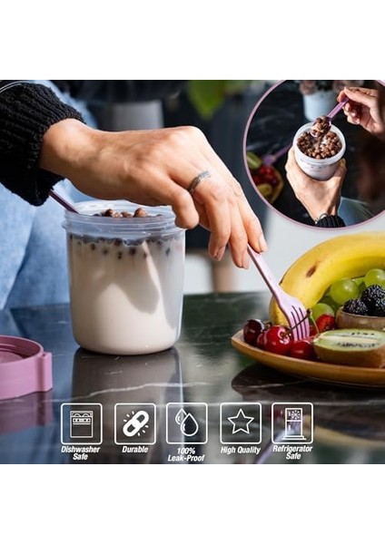 ml Take-Go Kaşıklı Hazneli Meyveli Müsli Kabı Piknik Iş Yoğurt Süt Bardağı Kapaklı ve Kaşıklı Kahvaltı Bardakları, Tahıl Tepesi Yulaf Ezmesi Granola (Pembe)