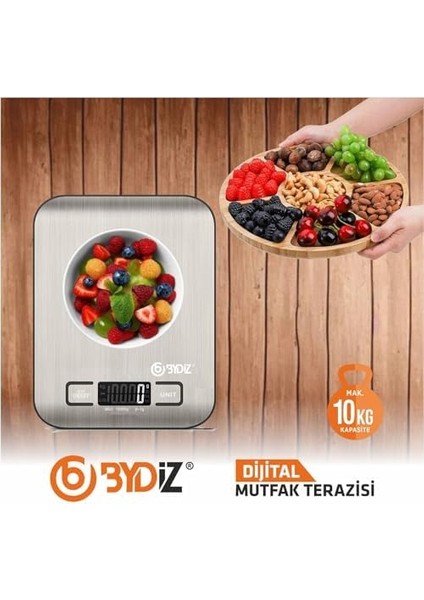 BY-005 Dijital Mutfak Terazisi - Paslanmaz Çelik Yüzeyli Hassas Mutfak Tartısı - Dara Işlevi, LED Ekran, 5 Birim Dönüştürme ve Otomatik Kapanma Özellikli - 10 kg Tartı Kapasitesi