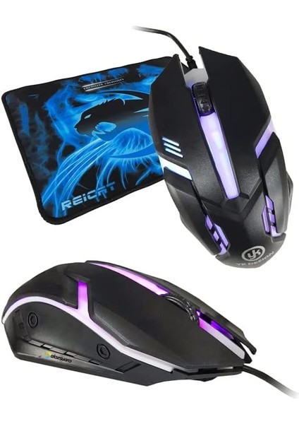Oyuncu Mouse + Mouse Pad Set, Yüksek Kalite, Rgb Işıklı Gaming Mouse ve 30X24CM Desenli Oyuncu Mousepad (Mavi)