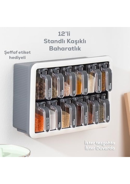 1118 12LI Standlı Kendinden Yapışkanlı Kaşıklı Kapaklı Baharatlık Saklama Kabı Seti - Antrasit Beyaz