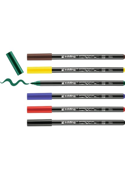 4200 Fırça Uçlu Porselen Kalemi - Siyah, Kırmızı, Mavi, Yeşil, Sarı, Kahverengi - 6 Kalem - Fırça Ucu 1-4 mm