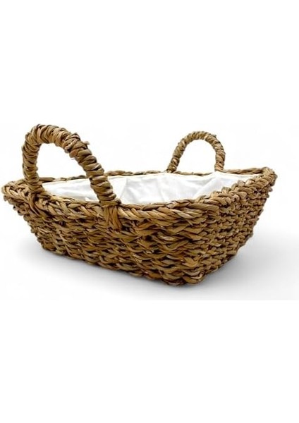 El Yapımı Doğal Hasır Kulplu Çok Amaçlı Dekoratif Kare Sepet, Hasır Kulplu Ekmek Sepeti (25X25X8 Cm)