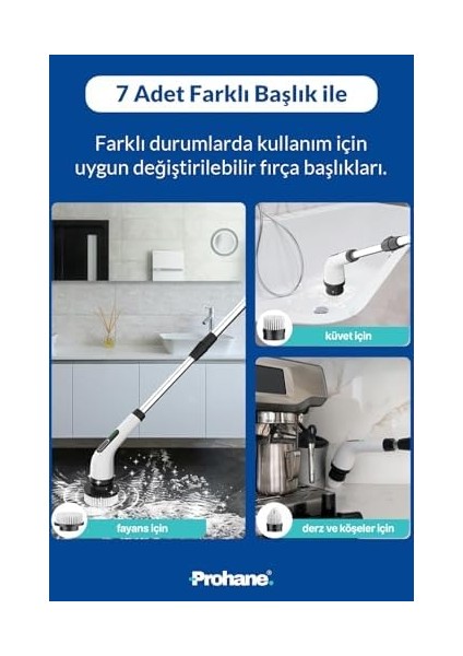 Elektrikli Temizlik Fırçası, Şarjlı Temizlik Fırçası 7 Adet Farklı Başlık Ile, Mutfak ve Banyolarda Birçok Temizlik Görevi Için, Küvet, Duş, Fayans ve Zemin Için Temizlik Malzemeleri