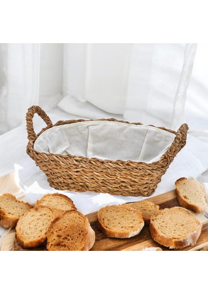 El Yapımı Doğal Hasır Kulplu Çok Amaçlı Dekoratif Dikdörtgen Sepet, Hasır Kulplu Ekmek Sepeti (27X18X8CM)