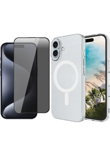 iPhone 16 Kılıf Zore M-safe Şarj Özellikli Şeffaf Tek Kamera Çerçeveli Porto Kapak + Hayalet Ekran Koruyucu