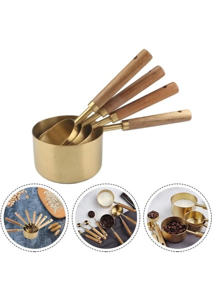 Home Özel Üretim Akasya Ağacı Saplı Paslanmaz Çelik 4'lü Ölçü Kaşığı Seti - Lüks ve Şık Tasarım, Otantik Altın Renk, 1,5 Ml, 5 Ml, 15 ml ve 25 ml Ölçülerinde