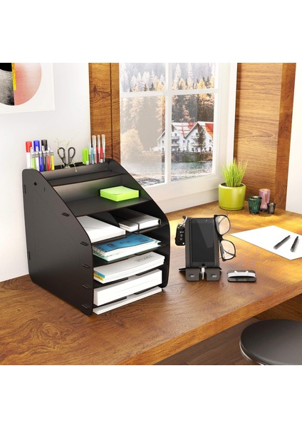 Design Otto Large Modest - 6 Renk A4 Evrak Rafı Masaüstü Organizer Düzenleyici (Siyah)