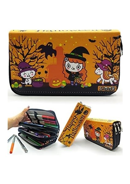 Kalem Kutusu Halloween Sevimli Cadı Kawai Organizer Kalemkutu Vegan Deri Üç Bölmeli Kalemlik