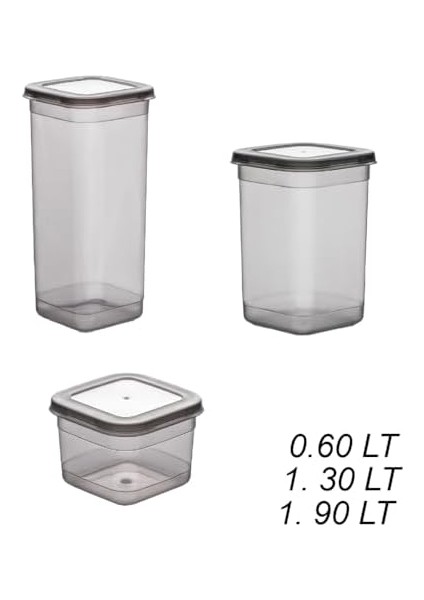 433-GR-3 9 Lu Kare Etiketli Gıda Erzak Baharat Saklama Kabı Seti 3x(0.60+1.30+1.90) Lt Gri