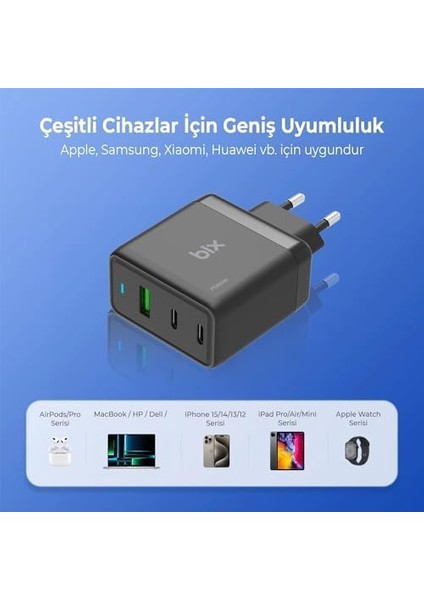 BX3P65G 65W Gan Qualcom 4.0 2*type-C & Usb-A 3 Portlu, MacBook Pro/air, iPad Air/pro, iPhone 16/15/14/14 Pro Max iPhone /13/13 Pro Max, Galaxy S24/S23/S22/S21 Uyumlu BX-3P65G