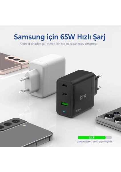BX3P65G 65W Gan Qualcom 4.0 2*type-C & Usb-A 3 Portlu, MacBook Pro/air, iPad Air/pro, iPhone 16/15/14/14 Pro Max iPhone /13/13 Pro Max, Galaxy S24/S23/S22/S21 Uyumlu BX-3P65G