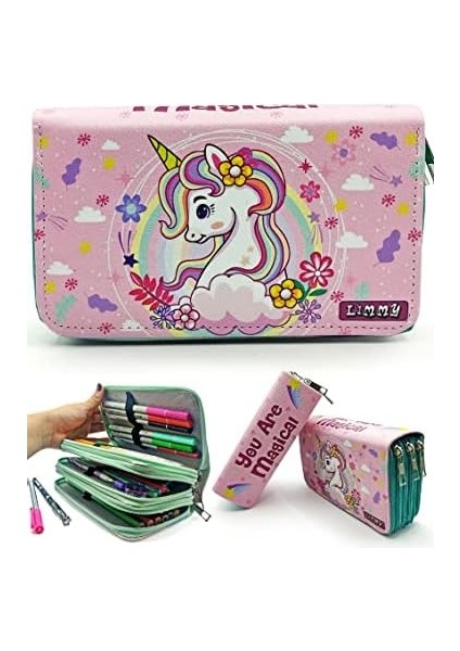 Kalem Kutusu Unicorn Bahar Temalı Kawai Organizer Kalemkutu Vegan Deri Üç Bölmeli Kalemlik- Yeşil, Limmy