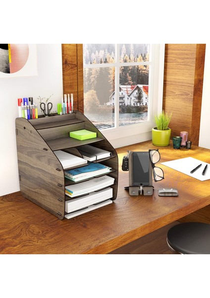 Design Otto Large Modest - 6 Renk A4 Evrak Rafı Masaüstü Organizer Düzenleyici (Ceviz)