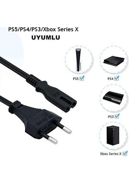 Ps3 / Ps4 / Ps5 / Xbox Series S-X Uyumlu Güç Kablosu 1.5 Metre 2pin Güç Kablosu Projeksiyon - Monitör - Tv Universal 2pin Güç Kablosu