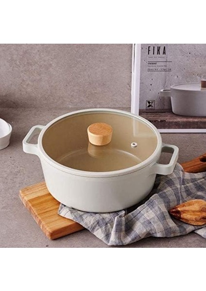 Neoflam Fika Cam Kapaklı Alüminyum Döküm Tencere 24CM, Bej D-NEOF224