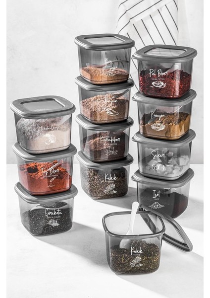 Beyaz Serigrafi Etiketli Kaşıklı Kare Erzak Saklama Kabı 12'li Set Küçük Boy 0,55 Litre