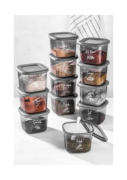 Beyaz Serigrafi Etiketli Kaşıklı Kare Erzak Saklama Kabı 12'li Set Küçük Boy 0,55 Litre